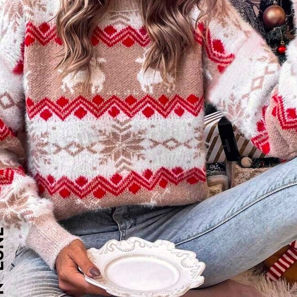 Snowflake Fawn Pattern Crewneck Sweater Long Sleeve Knit Pullover, Size: M - Picture 2 of 8